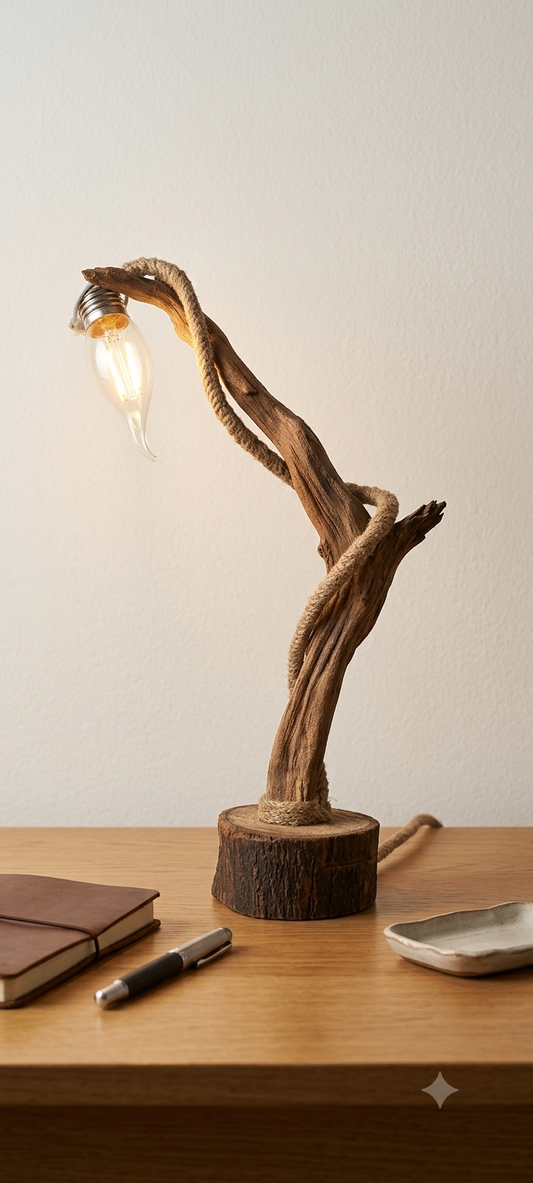 Handcrafted Art Rustic Filament Desk Light - Wooden Branch Table Lamp