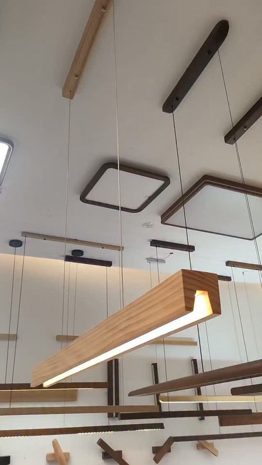 Minimalist Linear Wooden Pendant Light – Suspended Ceiling Lamp