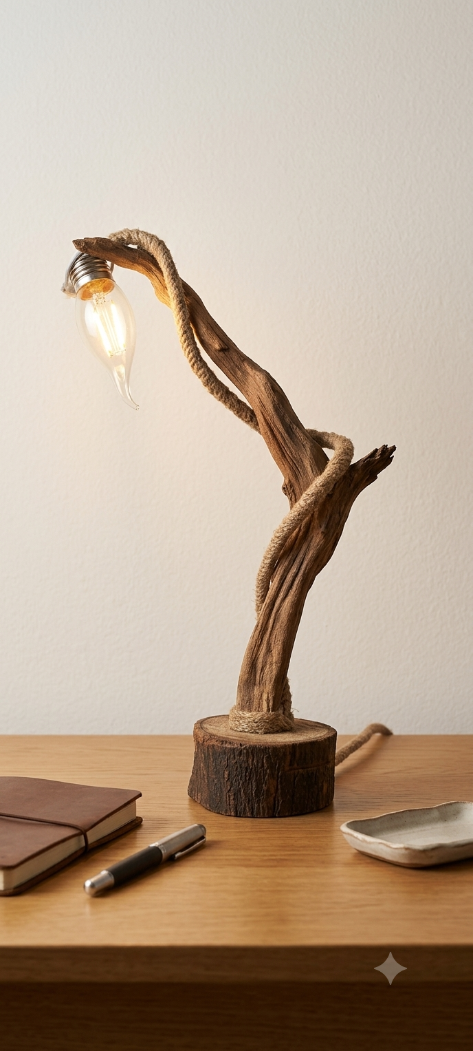 Handcrafted Art Rustic Filament Desk Light - Wooden Branch Table Lamp