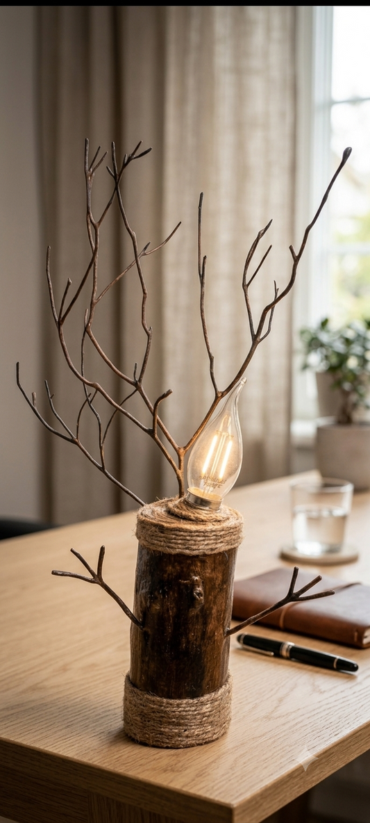 Handcrafted Artistic Solid Wood Log Lamp with Twigs & Light