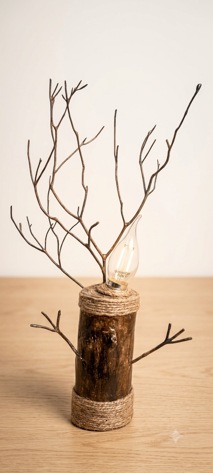 Handcrafted Artistic Solid Wood Log Lamp with Twigs & Light