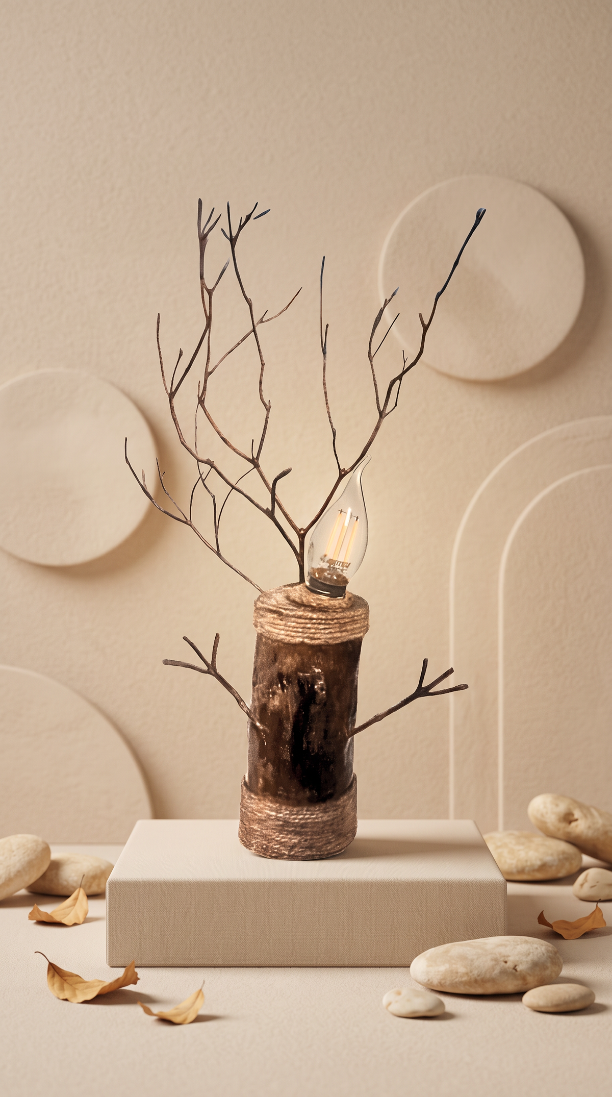 Handcrafted Artistic Solid Wood Log Lamp with Twigs & Light